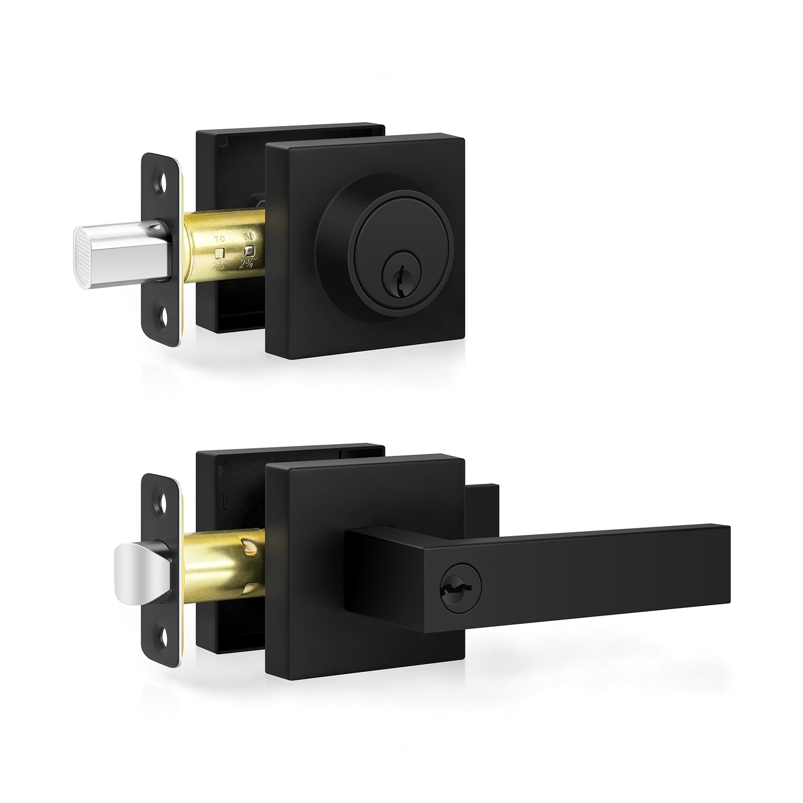 Estmoon Door Locks for Front Door, Matte Black Exterior Door Handle and Single Cylinder Deadbolt Lock, Heavy Duty Modern Square Front Door Handle and Deadbolt Set, Commercial Locks for Doors, 1 Pack