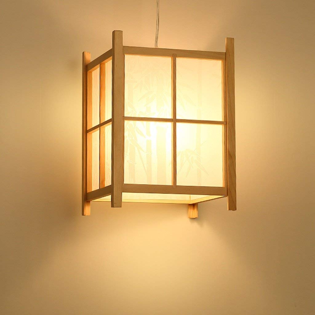 WHKFD Japanese Style Solid Wood Chandelier, Energy Saving Simple Creative Bar Pendant Lamp, PVC Imitation Parchment Screen, E27