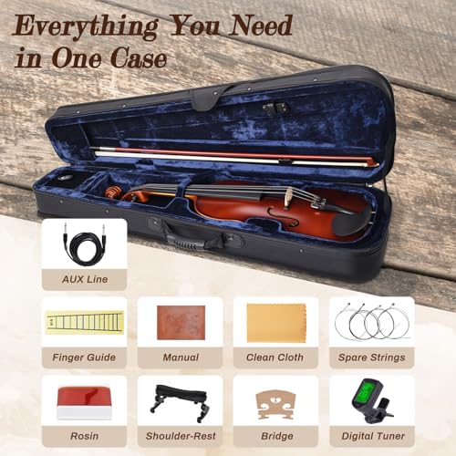 Image of Electric /Acoustic Violin with Ebony Accessories - Perfect for Stage & Practice with Carrying Case, Violin Bow, Bridge, Shoulder Rest, Stickers, Tuner, Instruction, Handcraft with Maple, Spruce