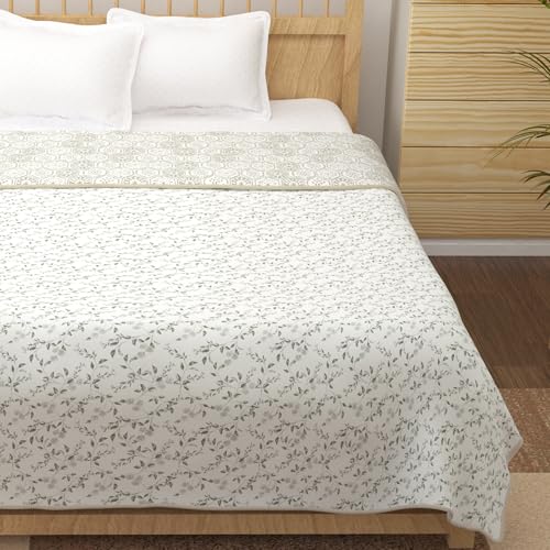 Image of Story@Home AC Comforter King Size Cotton 100% | 150GSM 225 x 240 CM Quilt AC Blanket for Summer | AC Dohar Double Bed | White & Ivory, Leaves & Abstract Reversible Design Duvet | All-Season Blanket