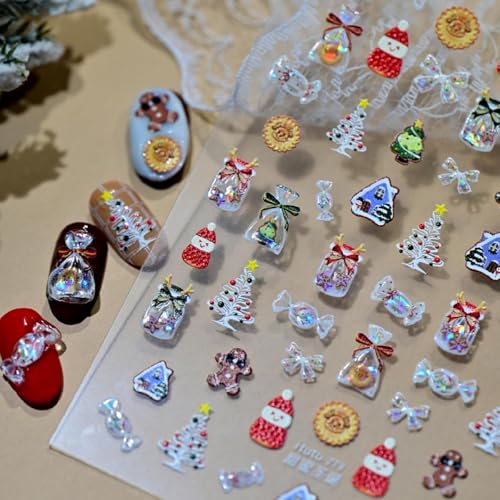 Image of Christmas Nail Stickers for Nail Art Xmas Tree Nail Decals Shiny Design Candy Bow Nails Art Decals Design 5D Embossed Self Adhesive for Women Girls Manicure DIY Decoration