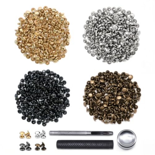 SEMINI 400 Sets Double Cap Leather Rivets, 6mm Tubular Metal Studs with 3 Pieces Setting Tools Kit, 4 Colors Rivets for Fabric Leather Craft Repair Decoration