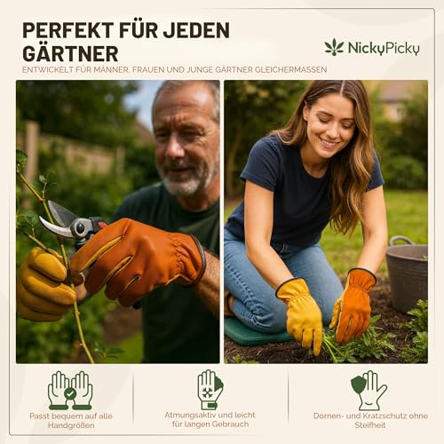 NickyPicky Arbeitshandschuhe Herren und Damen – Gartenhandschuhe Dornenfest aus Leder – schützende Handschuhe für Garten, Baustelle und Holzarbeiten – robust, atmungsaktiv, mit starkem Grip - Medium