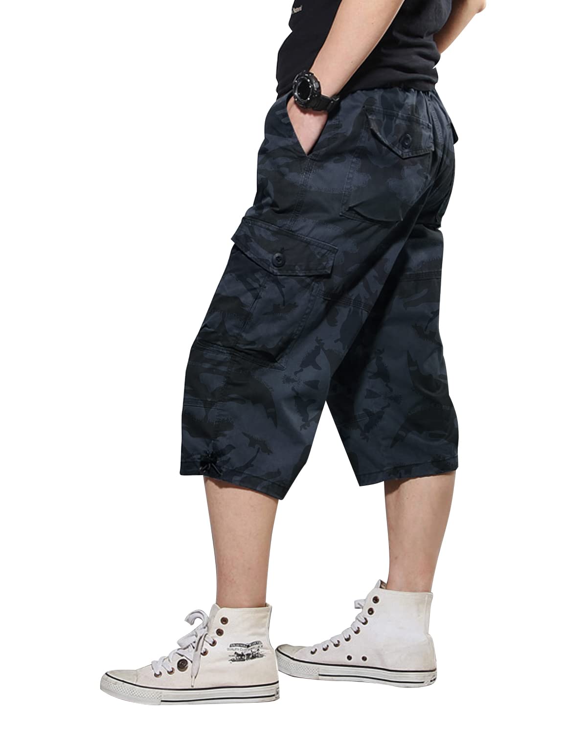 Short Bermuda Homme Cargo, Taille Élastique, Pantalon Casual en Coton avec Ceinture