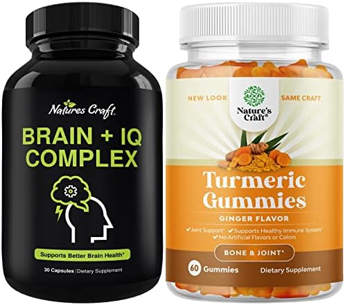 Bundle of Nootropic Memory Supplement for Brain Support and Turmeric Curcumin Immune Support Gummies - Vitamin B 12 Bacopa Monnieri Rhodiola Rosea DMAE - Immune Booster Turmeric Gummies