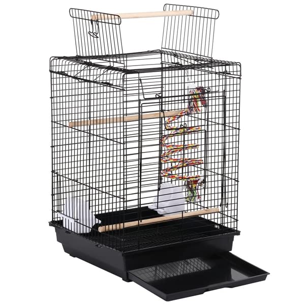 Abician Cage à Oiseaux en Métal pour Petits Oiseaux, Cage à Perruches avec Jouet, Corde à Clochette, 3 Perchoirs, 2 Mangeoirs, 1 Toit Ouvert 40 x 40 x 58 cm Noir