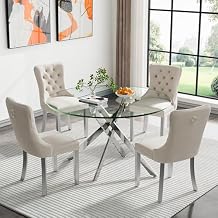 47 Inch Round Dining Table Set for 4, Modern Silver Glass Kitchen Table Set with 4 White Upholstered Chairs, 5 Piece Dining Room Tables Set, Round Tables and Chairs Set for Kitchen Dining Room