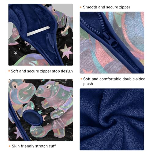 Colorful Hippo Pattern on Black Toddler Fleece Jacket Girl Boys Hooded Fleece Jacket Coat Warm Outwear Zip-up 3-10T3