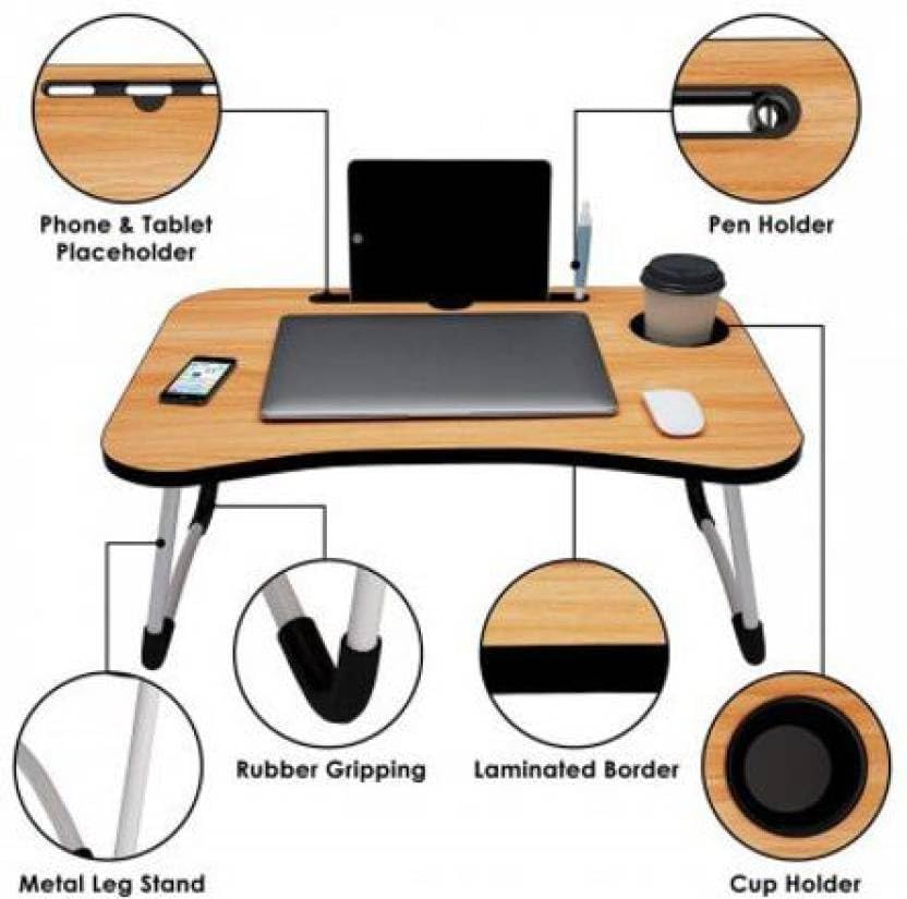 Image of YAJNAS Beige Wooden Multipurpose Foldable Laptop Table with Cup & Tab Holder | Study, Breakfast, Work Table | 380 mm
