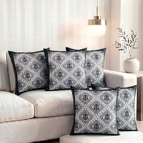 Image of Nendle Printed Holland Velvet Cushion Covers Set of 5, 16 x 16 Inches (40 x 40 cm), Decorative Sofa Cushion Cover with Zipper Closure, Floral Geometric Abstract Bohemian Designs, Multicolor