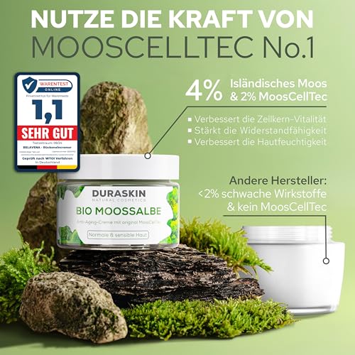 Duraskin® BIO Moossalbe gegen Falten mit hochwirksamen MoosCellTec | TESTSIEGER Mooscreme für Gesicht mit Anti Aging Wirkung als Feuchtigkeitscreme Tag & Nacht | vegane Naturkosmetik Made in Germany