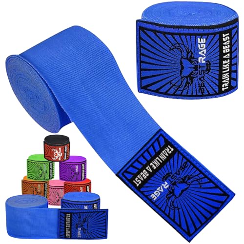 BEAST RAGE Boxbandagen für Herren, Schutz, MMA-Unterstützung, Innenhandschuhe, Kampfsport, Kampfsport, Muay Thai, unter den Handschuhen, 4,5 m, elastische Bandagen (blau, 4.5 M)