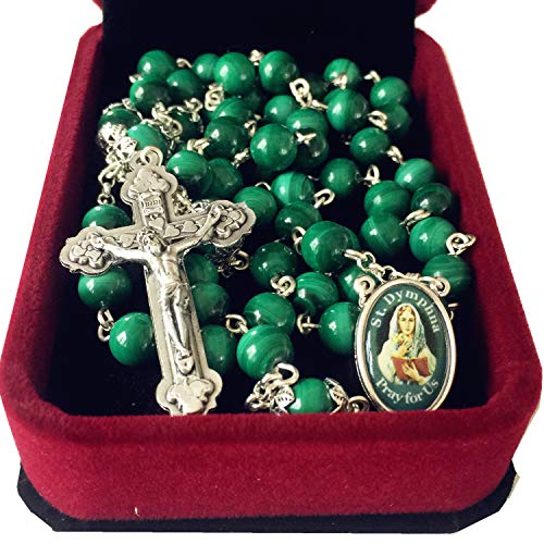 Alternative view of elegantmedical Handmade UNDOUBTED Malachite 8MM Beads St.Dymphna Rosary Cross/Crucifix Necklace Box Catholic Womens Gift