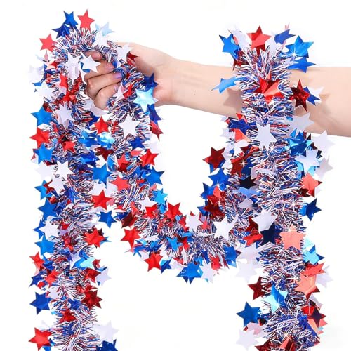 33Ft 4th of July Tinsel Garland Red White Blue Glitter Star Glitter Tinsel Patriotic Decorations Versatile for Parade Golf Cart Tree Fireplace Indoor Outdoor Party Home Decor