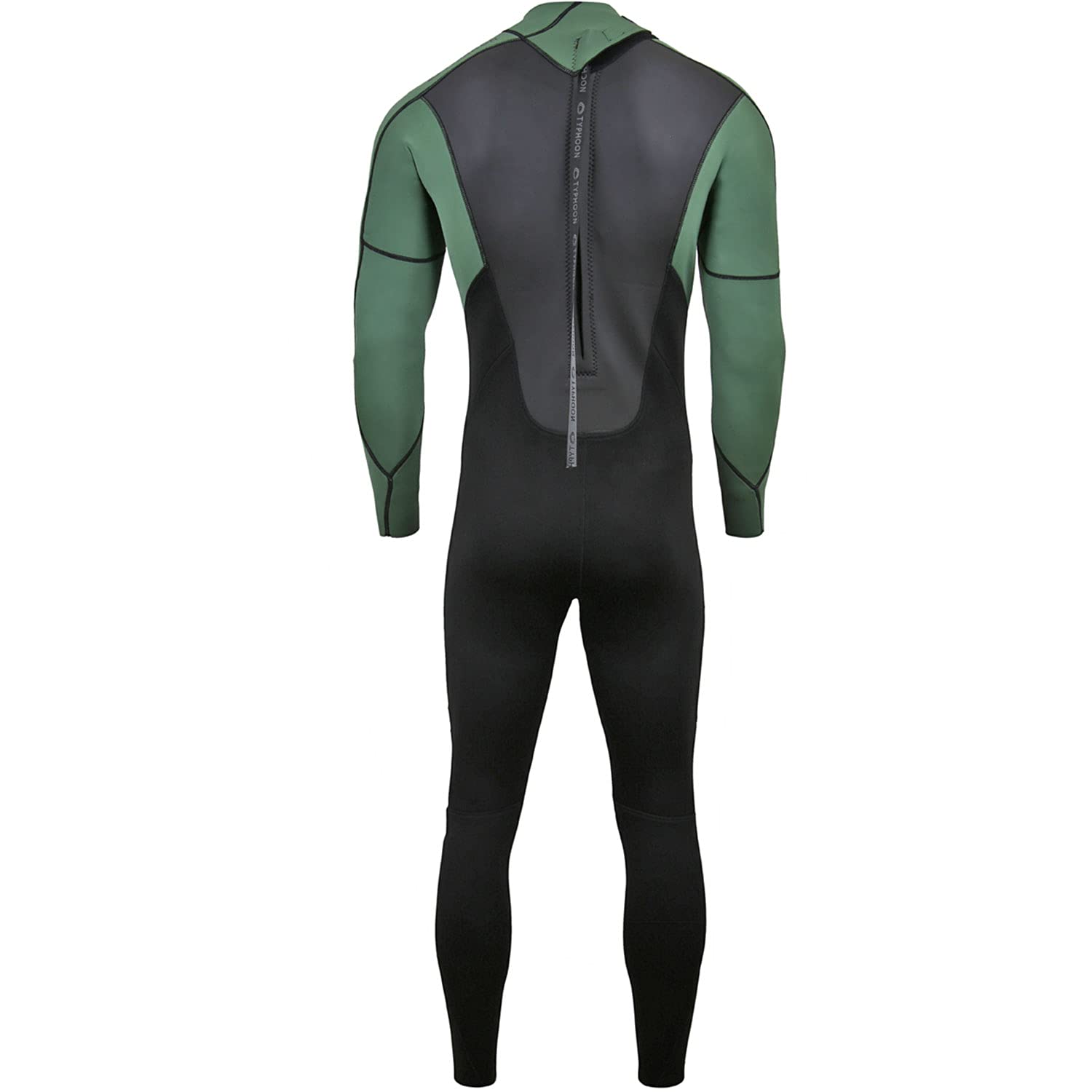Typhoon Mens Storm3 3/2mm Back Zip Wetsuit - Black Green - Easy Stretch - Flatlock Seam Construction