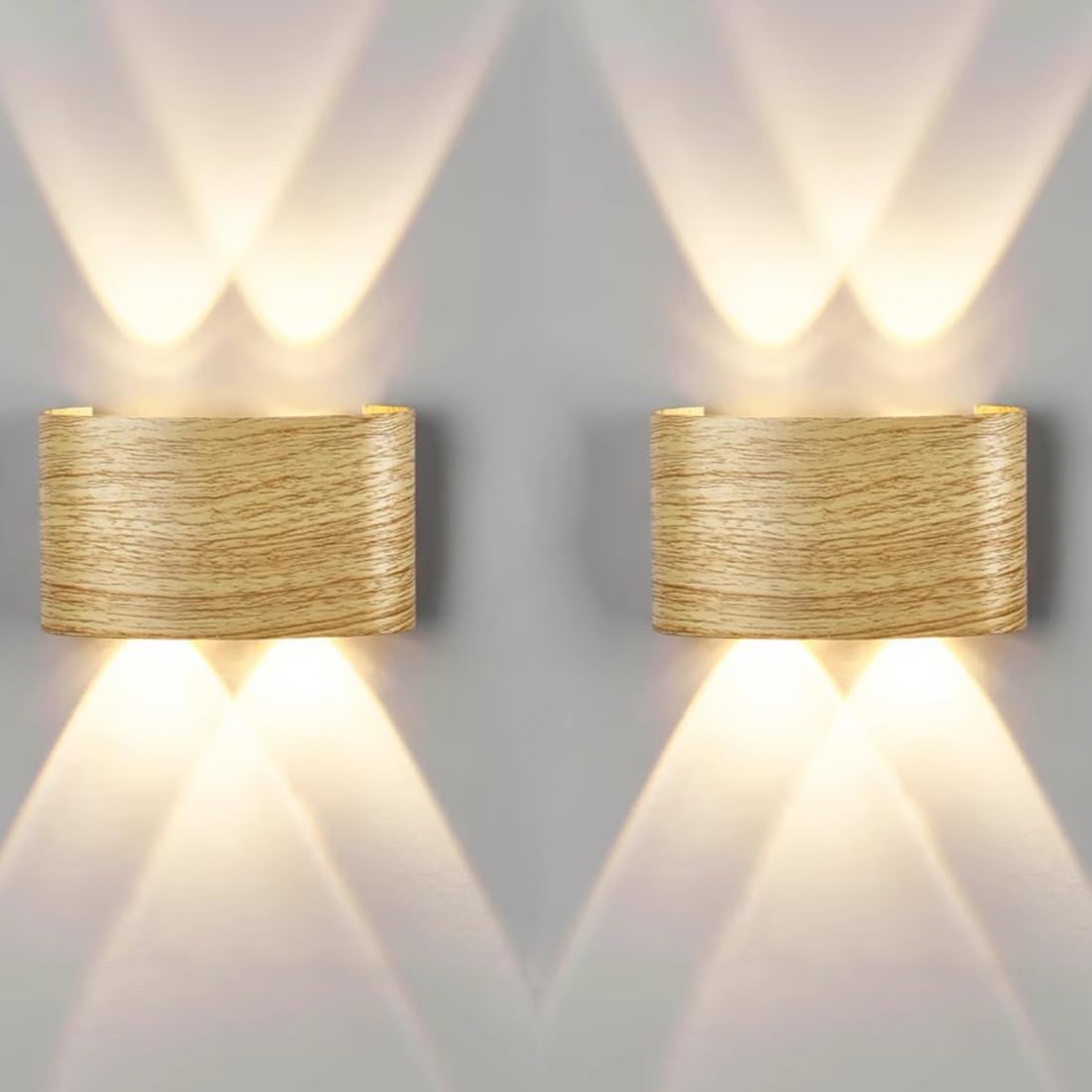 2 Pcs LED Apliques de Pared Interior Exterior Aspecto de Madera Lámpara de pared Up Down Spotlight IP54 Impermeable Luz de Pared Exterior para Salón Dormitorio Pasillo Escaleras Jardín,4 flammig 3000k