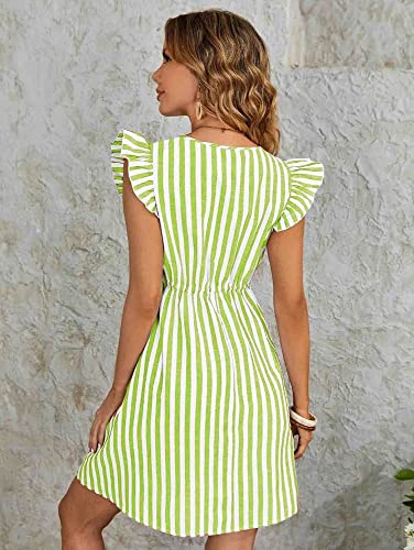 Image of Leriya Fashion Western Dress || Rayon Vertical Striped Printed Dress for Women || Flounce Cap Sleeve | V-Neck | Drawstring Waist Flared Dress || Summer Short Dresses for Women.