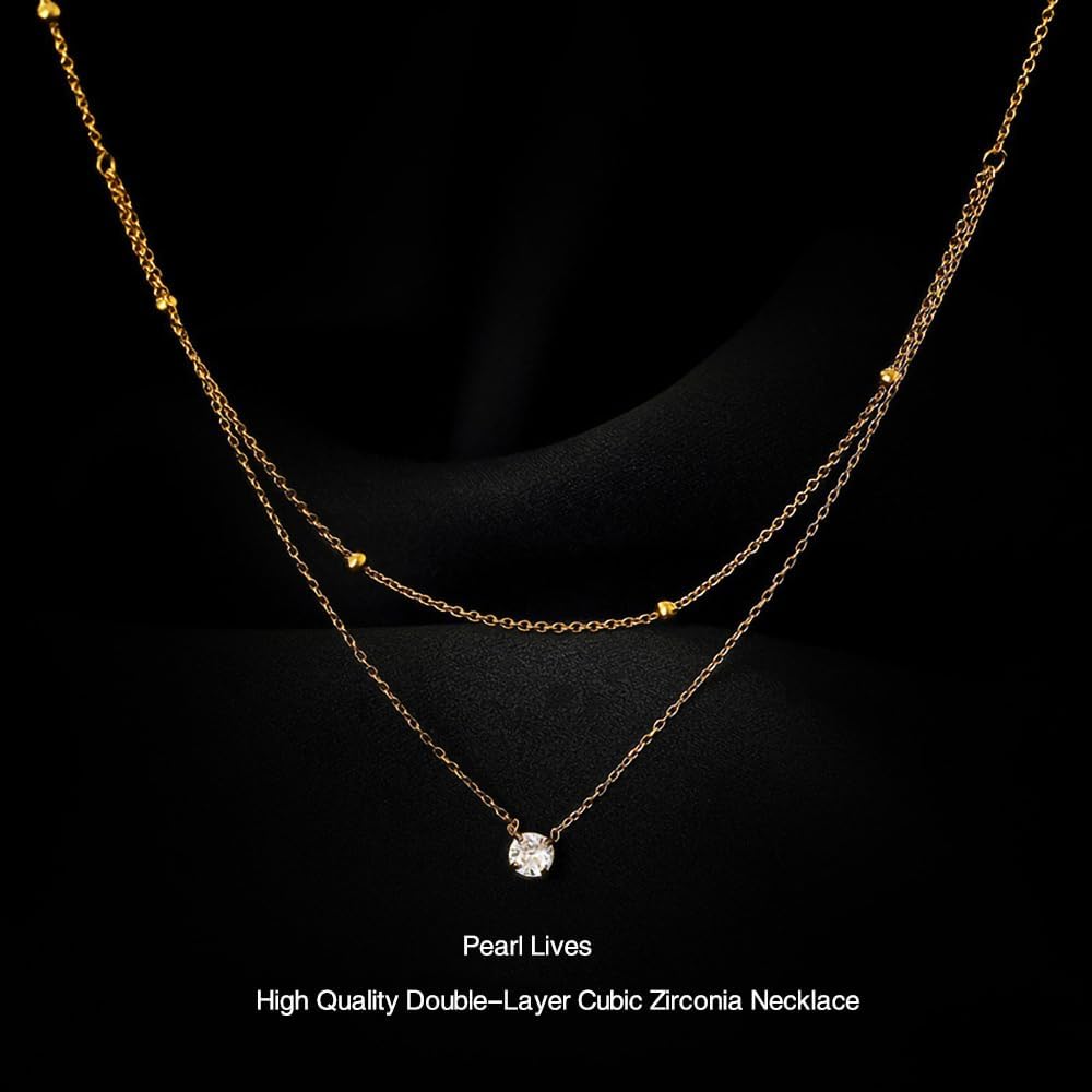 Double-Layer Cubic Zirconia Pendant Necklace For Women 18K Gold Plated Cubic Zirconia Necklaces Layered Wearing Gold Chains Dainty Chokers - Image 2