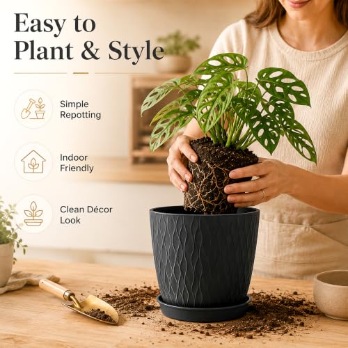 Image of SWAPKART (Pack of 5 6 Inch Plastic Flower Pots for Indoor & Outdoor Terrace,Garden Plants Decorative Planters with Drainage Holes & Matching Saucers Durable & Lightweight (Black)