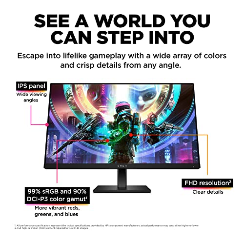 HP OMEN 24 Gaming Monitor | 23.8'' Full HD IPS 165hz | Gaming Console Compatible | 2x HDMI 2.0 | 1x DisplayPort 1.4 | AMD FreeSync Premium | Tilt, Pivot & height adjustments | VESA Mountable | Black - Image 4