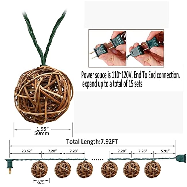 LIDORE Rattan Christmas String Lights, Mini Globe Wicker Lights for Patio, Wedding, Garden and Party, Brown Rattan and Green Cord, 7.92Ft Indoor/Outdoor