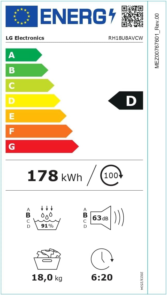 LG RH18U8AVCW Asciugatrice Smart 18kg, Classe A+++, Pompa di Calore DUAL Inverter, Motore Direct Drive, Intelligenza Artificiale AI Dry, Condensatore Autopulente, Wi-Fi, Serie U8, Bianca