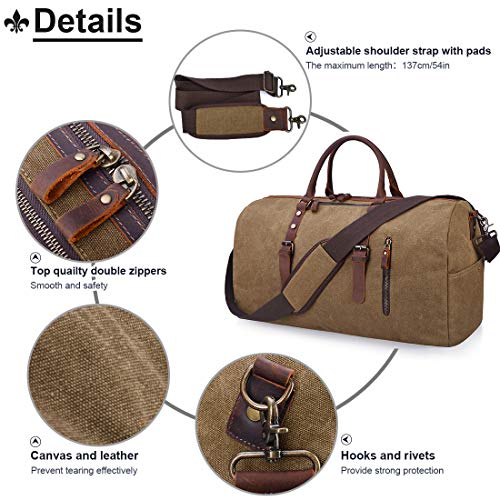 Travel Duffel Bag Large Canvas Duffle Bag for Men Women Leather Weekender Overnight Bag Carryon Weekend Bag Brown