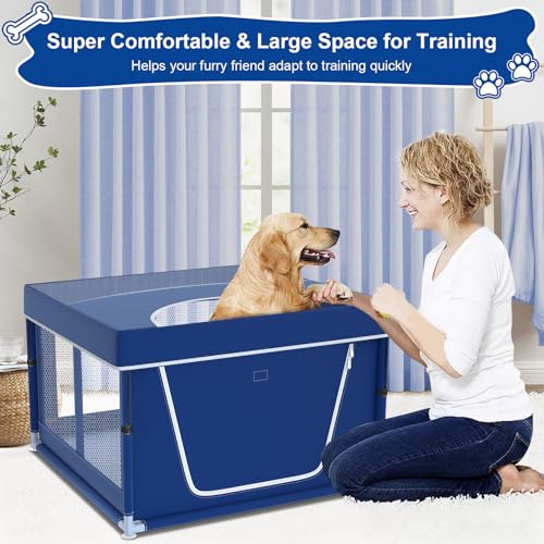 Image of 42x42x26 Inches Puppy Playpen with Top Cover, Dog Playpen for Small or Puppy, DogFence Pet Playpen for Indoor & Outdoor, Sturdy Safety Dog Pen with Durable Mesh Windows, Blue