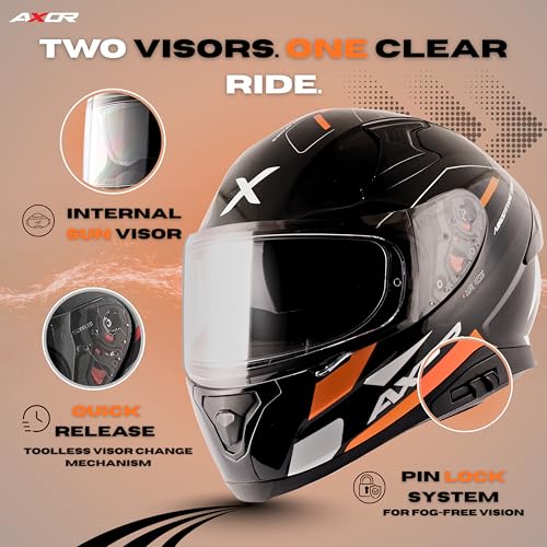 Image of Axor Apex Turbine ISI ECE DOT Certified Full Face Dual Visor Helmet for Men and Women with Pinlock Fitted Outer Clear Visor and Inner Smoke Sun Visor Black Orange Grey Helmet-L
