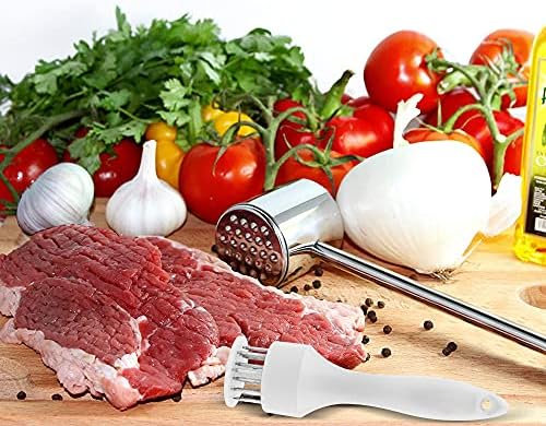 Vandicka Meat Tenderizer Mallet Set of 2 - Stainless Steel Dual Sided Meat Hammer for Flattening & Pounding Beef Lamb Chicken Steak & Needle Meat Hole Puncher for Flavor Marinade