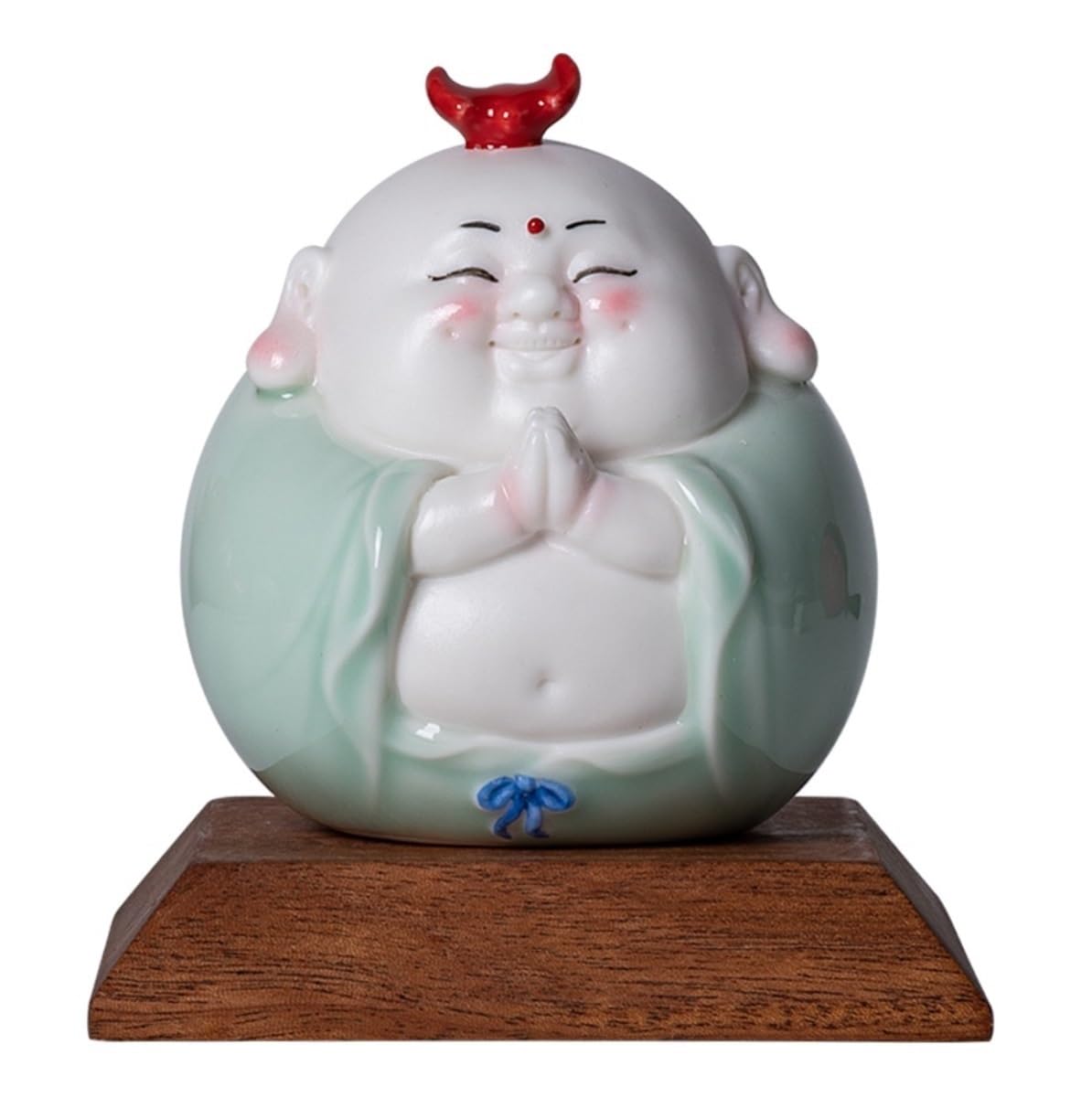 Figura Buda,Resistente Intemperie, Estatua De Buda 4,1 Pulgadas con Base Madera, Sonriente Gran Barriga para Decoración del Hogar, Sala Estar Y Coche Feng Shui