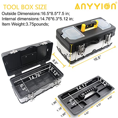 Anyyion 16.5-Inch Tool Box - Portable Lockable Storage, Stainless Steel & Plastic Construction - Removable Tray, Toolbox Organizer Truly Strong And Durable #TOP5