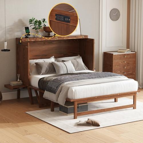 DNChuan Full Size Murphy Bed with Desk Combo and Storage Removable Shelves on Each Side, Foldable Horizontal Murphy Platform Bed Chest with USB-Port, Space Saving, Walnut