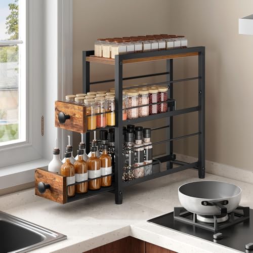 YATINEY 3-Tier Spice Rack, 15 cm Narrow Kitchen Countertop Storage Shelf with 2 Drawers, Pull-Out Coffee Storage Rack, Spice Holder for Syrup, Spices, and Coffee Pod Storage, Rustic Brown XSR02BR - Image 3