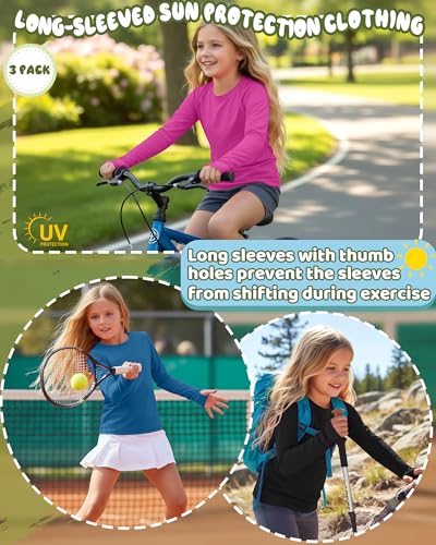 Image of 3 Pack Girls Rash Guard Swim Shirts 5-14Y UV Sun Protection Long Sleeve Thumb Hole Quick Dry T-Shirts UPF 50+ Tees