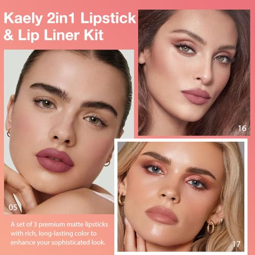 Image of Kaely 3Pcs Gradient Matte Lipstick Lip Liner Pencil Set for Women, 2in1 Flawless Contour Gradual Ombre Effect Lip Pencil Makeup Waterproof, labiales mate 24 horas originales, 05+16+17