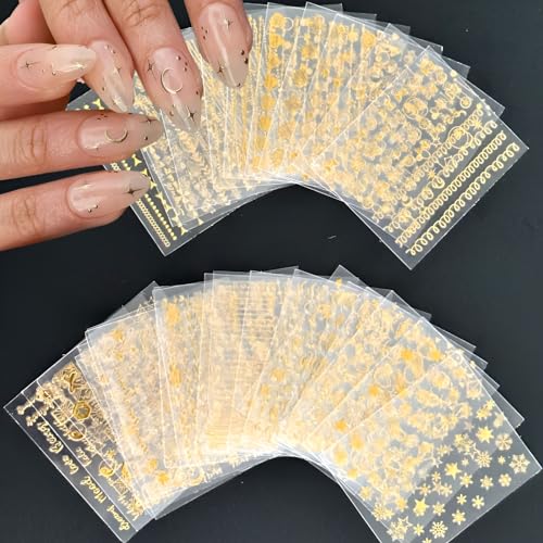 30 Sheets Gold Nail Art Stickers 3D Self-Adhesive Nail Decals Gold Line Star Nail Stickers for Acrylic Nails Gold Leaf Diamond Nail Supplies for Women - Image 7
