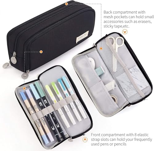 Image of Canvas Pencil Pouch, Large Capacity 3-Compartment Pen Case for Kids