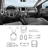 SQQP 27Pcs Interior Trim Kit Cover Compatible with 2018-2025 Dodge RAM 1500 4-Door,Cup Holder Door Handle Dashboard Panel Roof Reading Light Side Outlet Cover Trim(Chrome)