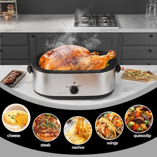 Image of 20 Quart Roaster Oven with Self-Basting Lid, Large Electric Turkey Roaster Oven with Defrost & Warm Function, Adjustable Temperature, Removable Pan & Rack, Stainless Steel, Silver