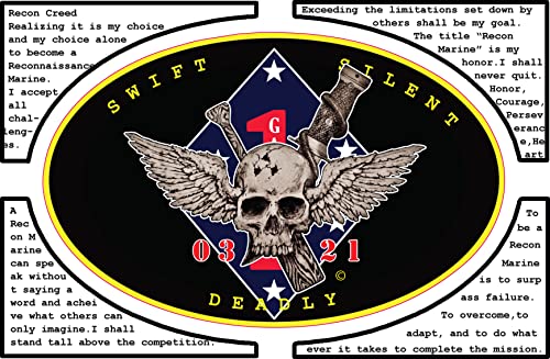 Image of Recon Jack 3 inch by 4.75 inch Oval Sticker with Recon Jack Logo in The Center and The 1st Marine Division Logo Behind it and 0321 on Each Side of The Jack.
