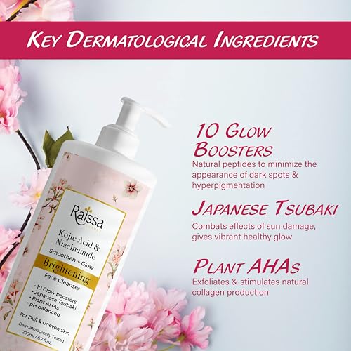 Image of Raissa Face Wash Cleanser with Kojic Acid & Niacinamide for Dull, Uneven Skin, 200ml | Brightening Formula with Japanese Tsubaki & Plant AHAs