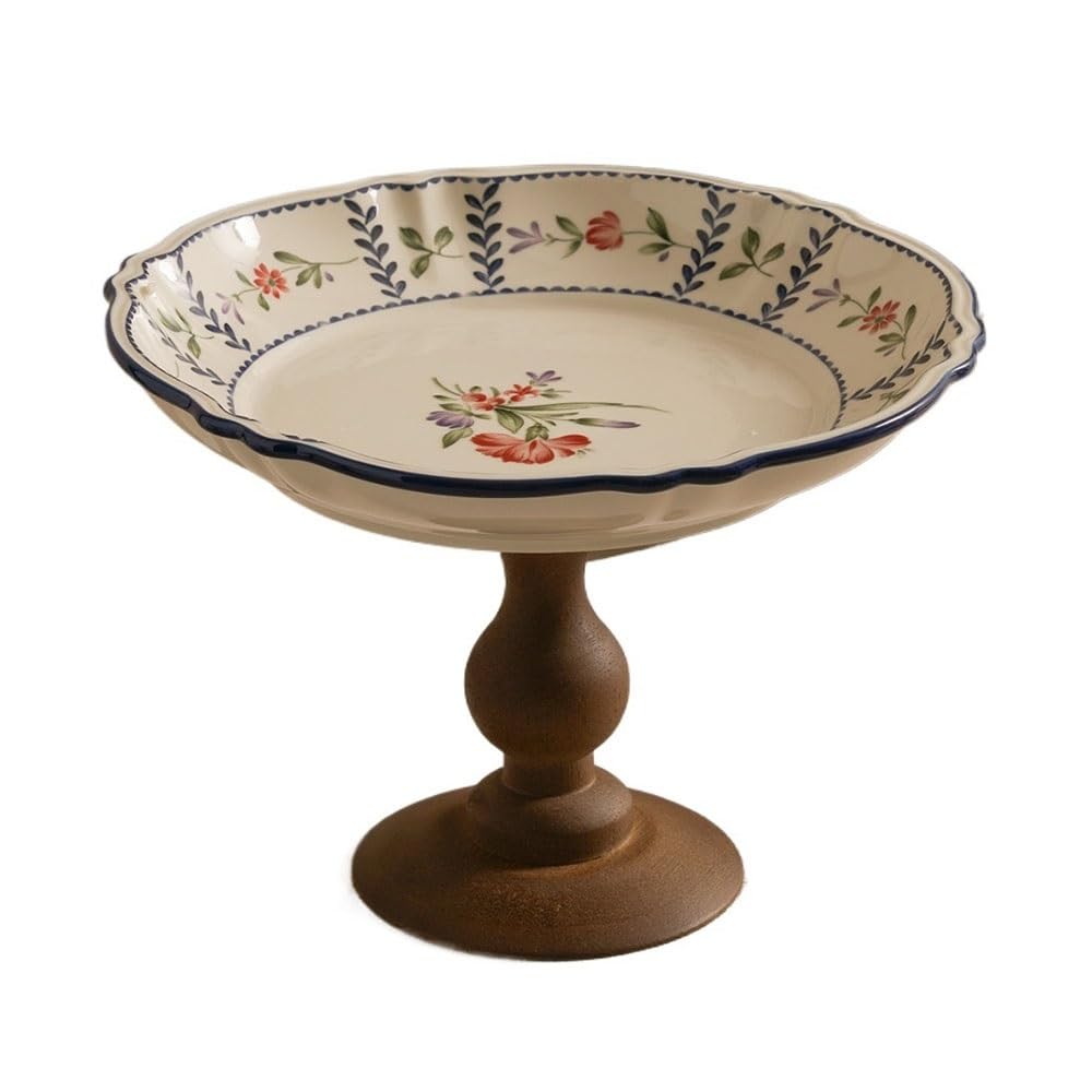 IROEJT Countertop Fruit Bowl Floral Ceramic Fruit Bowl Wood Base Rustic Serving Dish For Snacks Farmhouse Table Decor Fruit Basket Bowl，Large