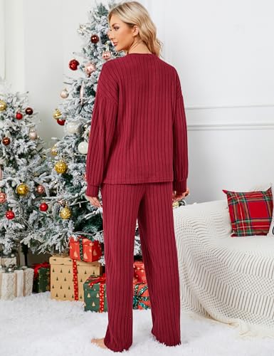 Image of Blooming Jelly Women Ribbed Long Sleeve Pajama Sets Fall Loungewear Pockets