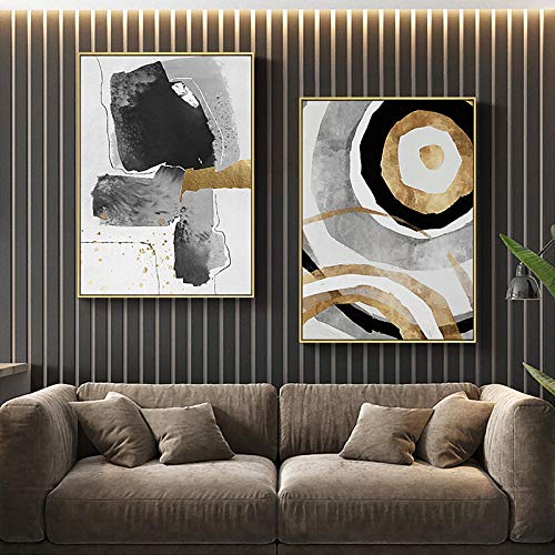 Art mural moderne pour grand mur de salon | Solution déco deux toiles grises et dorées
