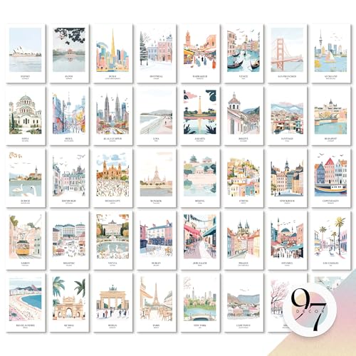 97 DECOR Vintage Travel Decor Posters - World Travel Wall Art Prints, Retro Popular Cities Photo Collage Kit, Trendy City Landscape Aesthetic Pictures for Teen Dorm Bedroom Decorations (40 Pcs, 4'x6')