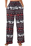 X-Image Women's Comfy Casual Pajama Pants Christmas Print Drawstring Palazzo Lounge Pants Wide Leg with Pockets XMAS Reindeer, Large