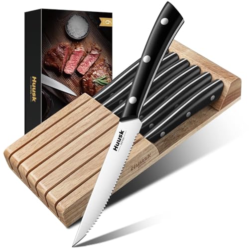 Huusk Steak Knives Set of 6 with Block, Sharp Serrated Steak Knives with Full Tang Handle, Japanese...