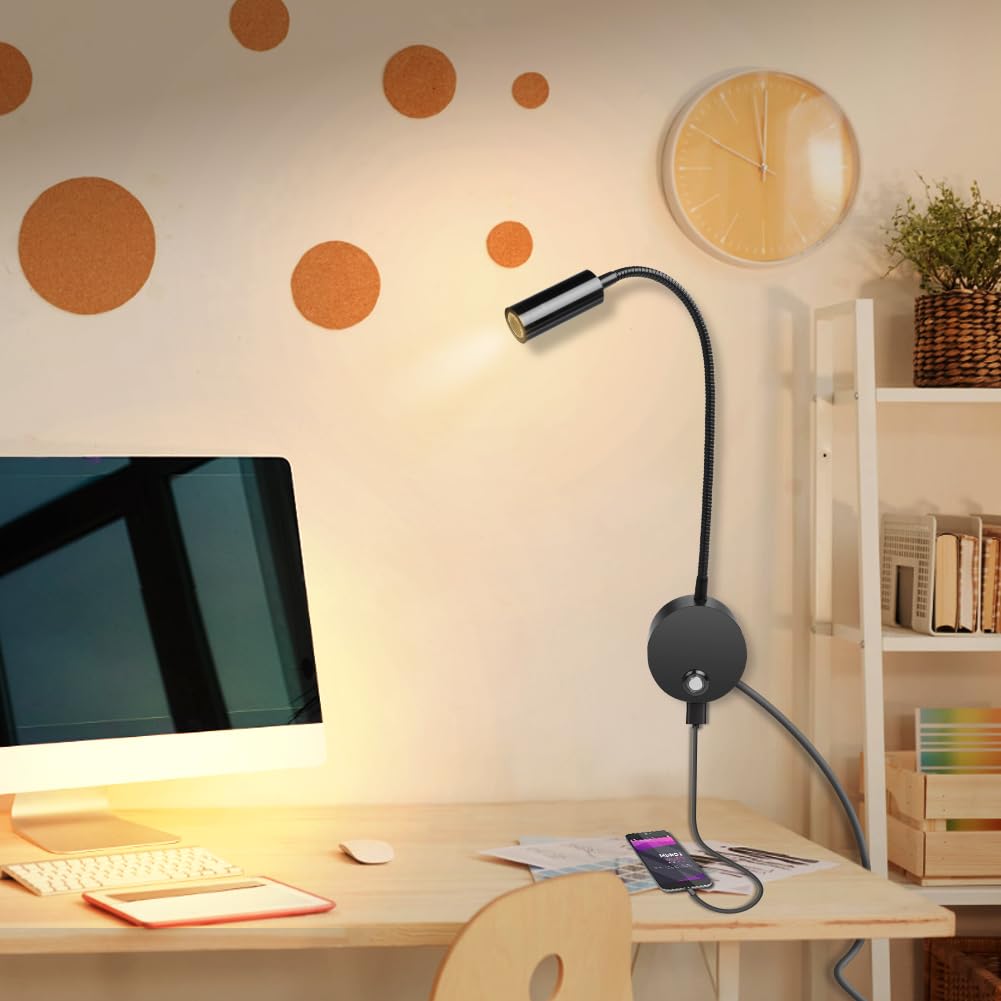HOTUT Lampe de lecture murale, LED Col de Cygne Lumière avec interrupteur tactile et port de chargement USB,Liseuse murale, lampe de lecture à intensité variable, Applique Liseuse Orientable à 360 °