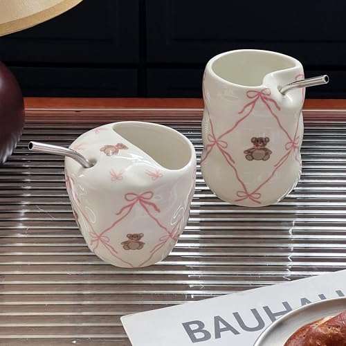 Taza de cerámica rosa con pajilla 12oz diseño oso miniatura 6